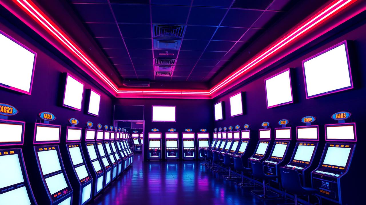 Neon verlichte arcade hal met rijen blanke slot kasten