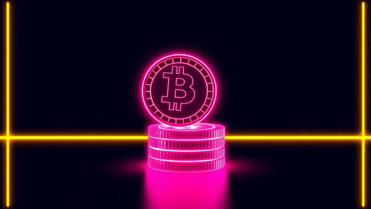 Neon Bitcoin munt zwevend boven een stapel coins