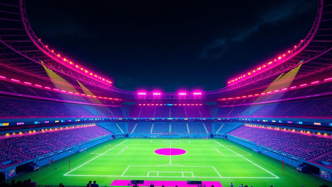 Neon verlicht stadion vanuit vogelperspectief in pink en yellow