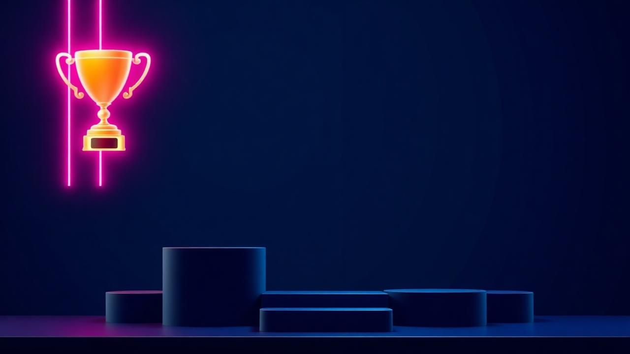 Neon trofee boven een leaderboard podium in pink en yellow